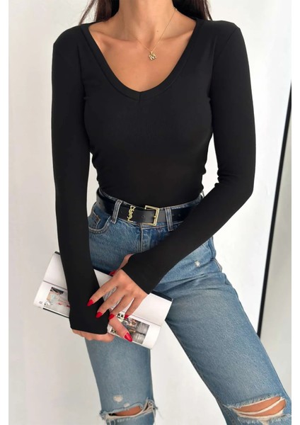 Kadın V Yaka Parmak Geçme Detaylı Oyso Modal Kumas Bluz indirimleri