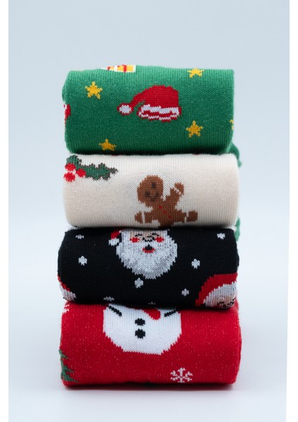 Unisex Soket Çorap. Noel ve Yılbaşı Temalı 4 Farklı Desenli ve Renkli Kutulu Pamuklu Çorap Seti.