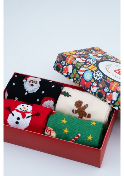 Unisex Soket Çorap. Noel ve Yılbaşı Temalı 4 Farklı Desenli ve Renkli Kutulu Pamuklu Çorap Seti. fiyatları