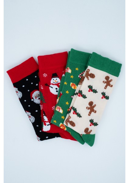 Unisex Soket Çorap. Noel ve Yılbaşı Temalı 4 Farklı Desenli ve Renkli Kutulu Pamuklu Çorap Seti. fırsatları