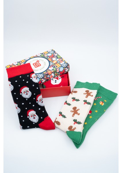 Unisex Soket Çorap. Noel ve Yılbaşı Temalı 4 Farklı Desenli ve Renkli Kutulu Pamuklu Çorap Seti. indirimleri