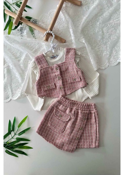 Tüvit Cepkenli 3 Parça Kız Çocuk Şort etekli takım - Pudra