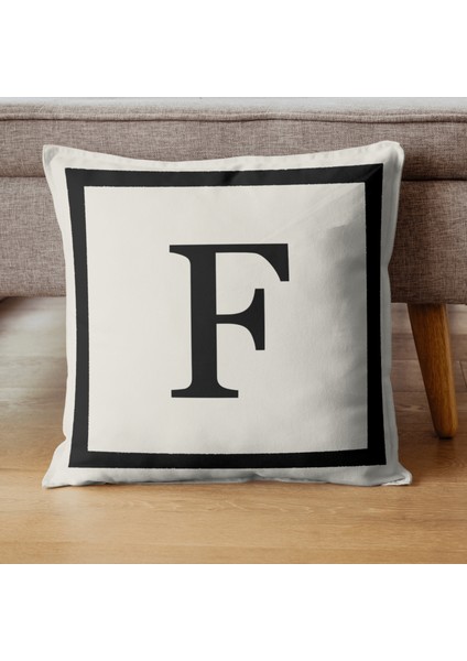 Harfli Kırlent Kılıfı - F Harfi - Hediyelik Dekoratif Kırlent Yastık Kılıfı 43 x 43 cm Krem-Siyah
