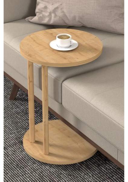 C Sehpa Yuvarlak 36 cm Çap Tekerlekli Şık Tasarım Koltuk Yan Sehpa Zigon Servis Sehpası Traverten