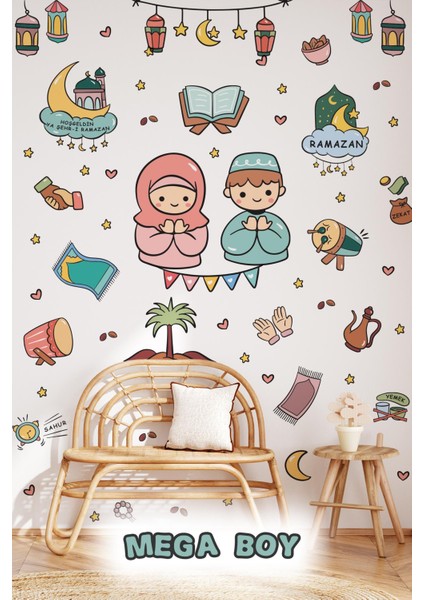 Dua eden çocuklar ve ramazan figürleri mega boy sticker seti, çocuklar ıçin ramazan ayı sticker seti