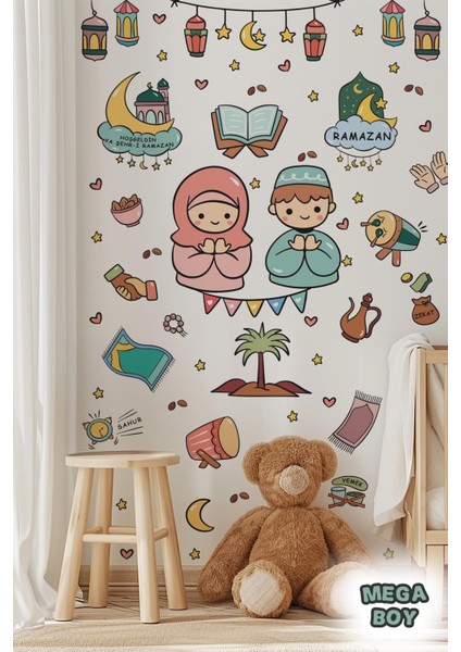 Dua eden çocuklar ve ramazan figürleri mega boy sticker seti, çocuklar ıçin ramazan ayı sticker seti modelleri
