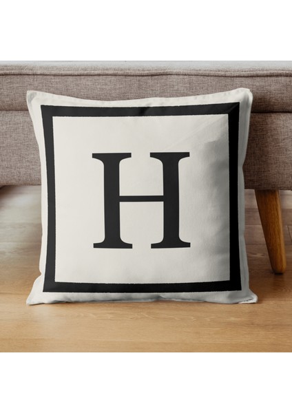 Harfli Kırlent Kılıfı - H Harfi - Hediyelik Dekoratif Kırlent Yastık Kılıfı 43 x 43 cm Krem-Siyah