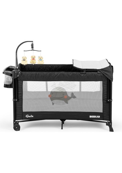 Beskar Anne Yanı Sallanır Cibinlikli Dönenceli Alt Açmalı Oyun Parkı Park Yatak Bebek Beşiği 70X120 CM