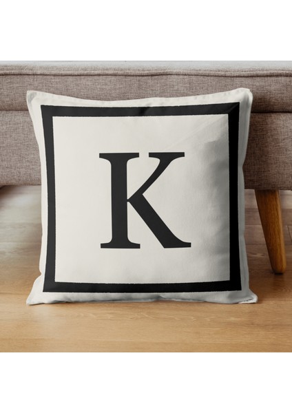 Harfli Kırlent Kılıfı - K Harfi - Hediyelik Dekoratif Kırlent Yastık Kılıfı 43 x 43 cm Krem-Siyah