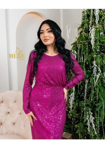 Elbise Abiye Yüksek Kalite Payetli Astarli Uzun Kollu Pembe Fermuarlı