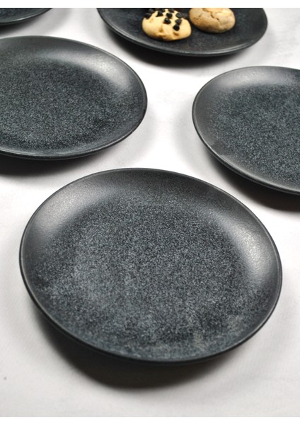 6 Adet Porselen Pasta Tabağı 19 cm Tatlı Tabak- Siyah Kahvaltı Seti