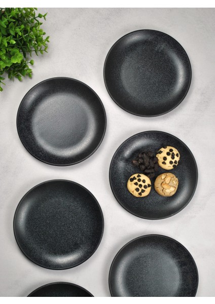 6 Adet Porselen Pasta Tabağı 19 cm Tatlı Tabak- Siyah Kahvaltı Seti