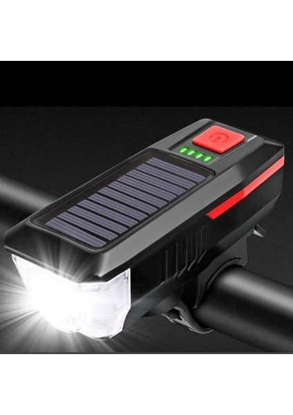 Solar Enerjili USB ile Şarj Edilebilir Ledli Bisiklet Feneri Kornalı ve Su Geçirmez Far