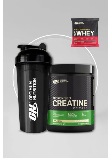 Creatine Kreatin Aromasız 317 g 93 Servis Kas gücü ve Performans Artışı Desteği - Optimum Shaker - Whey gold Standard Çikolata Aromalı Şase 31 g 1 Servis
