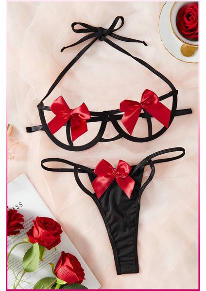 Siyah-Kırmızı Göğüs Fiyonklu Balenli Sütyen Külot Takım indirimleri