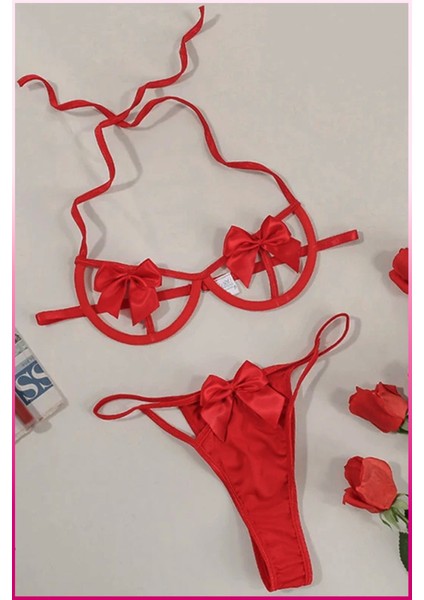 Kırmızı Göğüs Fiyonklu Balenli Sütyen Külot Takım indirimleri
