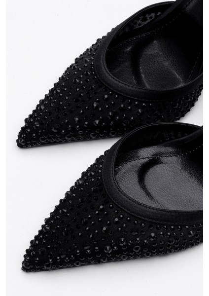 Night Elmas Taşlı Stiletto Topuklu Ayakkabı Bilekten Kemerli Sivri Burun Şık Görünümlü Kadın Ayakkabı
