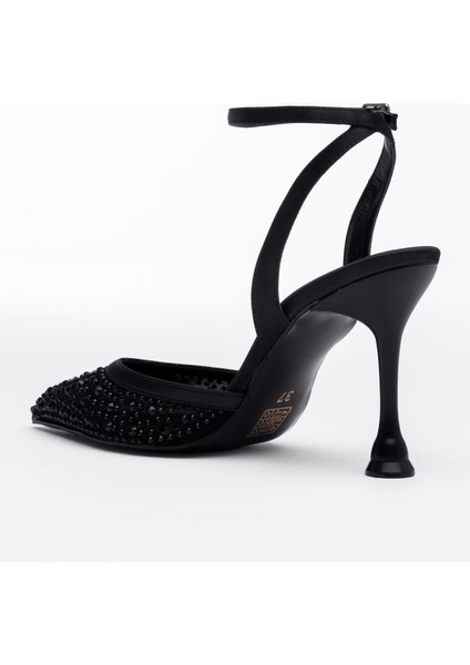 Night Elmas Taşlı Stiletto Topuklu Ayakkabı Bilekten Kemerli Sivri Burun Şık Görünümlü Kadın Ayakkabı