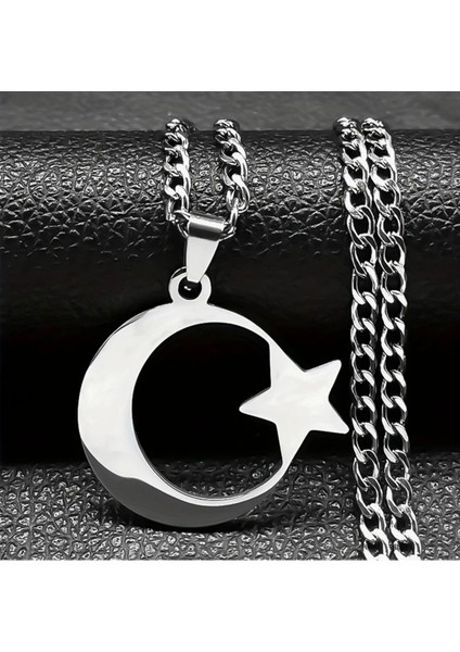 Ay Yıldız Türk Bayrağı Temalı Paslanmaz Çelik Kalın Zincirli Kolye 65 cm