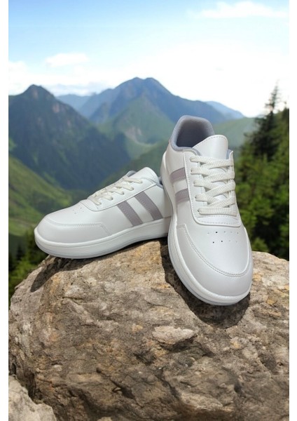 Beyaz-Gri Iki Bant Unisex Günlük Sneaker Spor Ayakkabı
