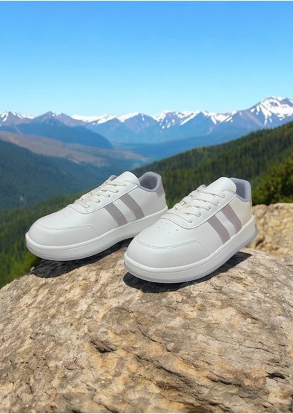 Beyaz-Gri Iki Bant Unisex Günlük Sneaker Spor Ayakkabı