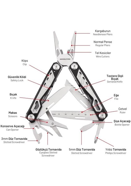 Multi Tool 15 Fonksiyonlu 155 mm Çok Amaçlı Pense Çakı Seti