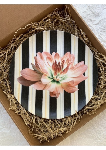 Pudra Rengi Çiçekli Çizgili Retro Dekoratif Duvar Tabağı Duvar Süsü 26 cm