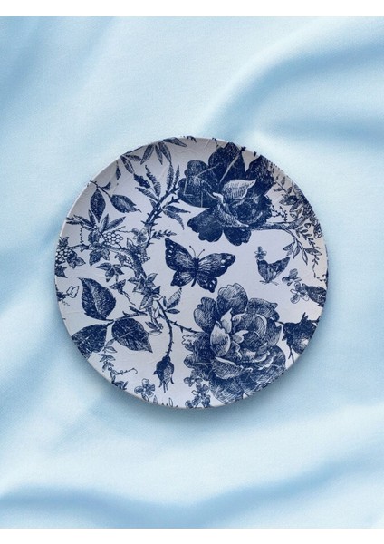 Blue Blanc Çiçekli Kelebekli Dekoratif Duvar Tabağı Duvar Süsü 26 cm Mavi Tabak