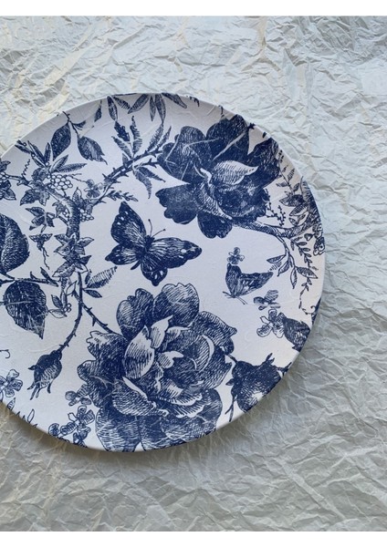 Blue Blanc Çiçekli Kelebekli Dekoratif Duvar Tabağı Duvar Süsü 26 cm Mavi Tabak