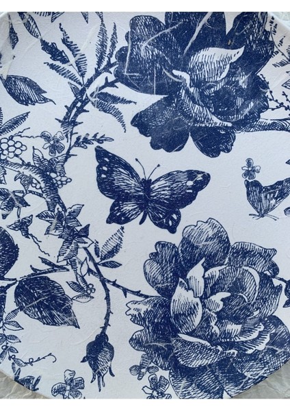 Blue Blanc Çiçekli Kelebekli Dekoratif Duvar Tabağı Duvar Süsü 26 cm Mavi Tabak