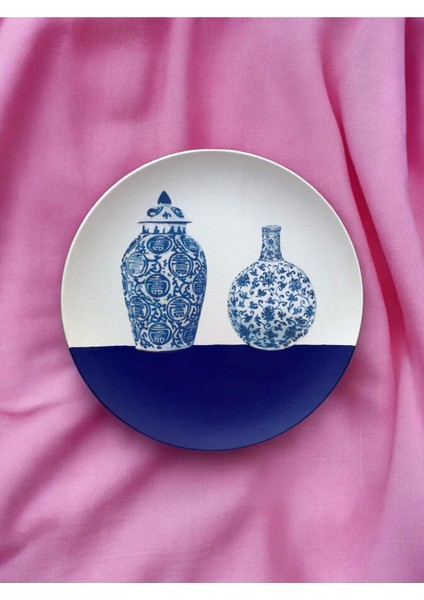 Blue Blanc Çini Vazo Desenli Duvar Tabağı Dekoratif Bahçe Balkon Mutfak Salon Duvar Süsü NO:140