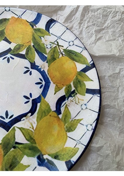 Limonlu Dekoratif Duvar Tabağı Mutfak Bahçe Balkon Dekorasyonu Duvar Süsü Lacivert Tabak No:63