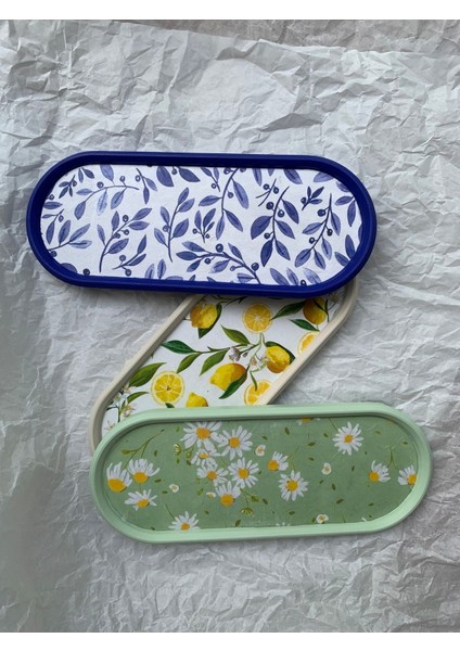 Blue Blanc Dekoratif Tepsi Oval Sunumluk Mumluk Altlık Tezgah Üstü Tepsi 24 x 9,5 cm