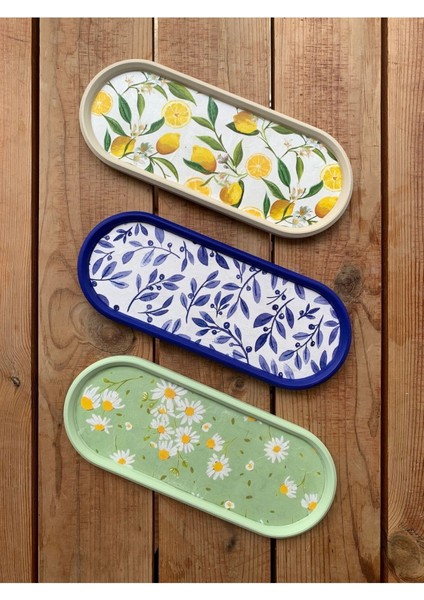 Blue Blanc Dekoratif Tepsi Oval Sunumluk Mumluk Altlık Tezgah Üstü Tepsi 24 x 9,5 cm