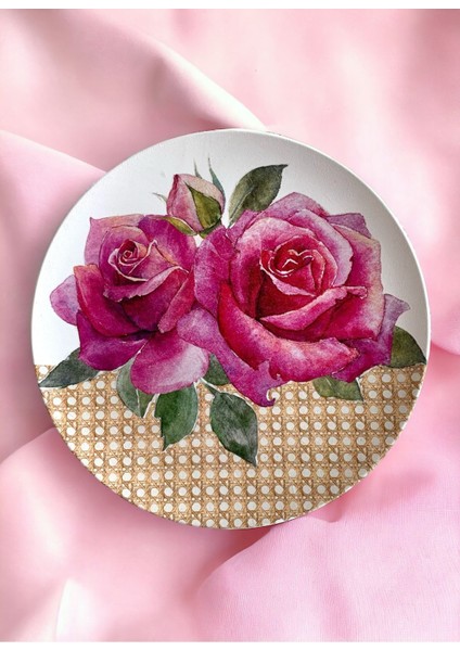 Gül Desenli Pembe Fuşya Duvar Tabağı Güllü El Yapımı Dekoratif Duvar Süsü 1 Adet