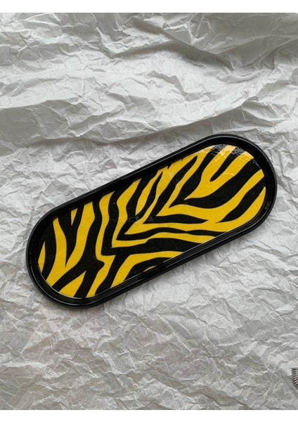 Zebralı Dekoratif Tepsi Oval Sunumluk Mumluk Altlık Tezgah Üstü Tepsi 24 x 9,5 cm