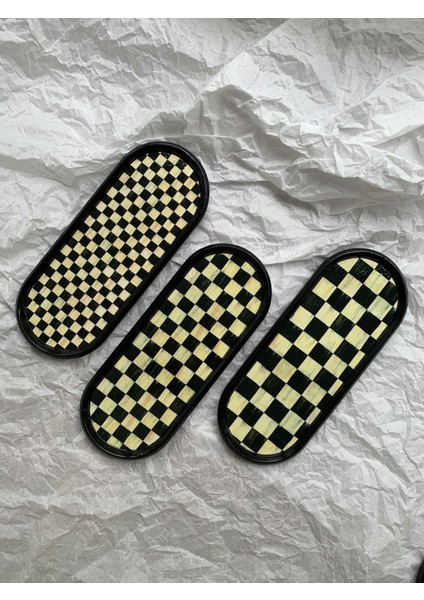 Damalı Dekoratif Tepsi Oval Sunumluk Mumluk Altlık Tezgah Üstü Tepsi 24 x 9,5 cm