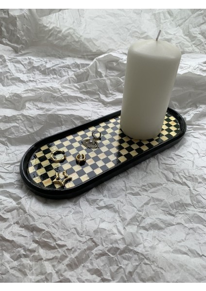 Damalı Dekoratif Tepsi Oval Sunumluk Mumluk Altlık Tezgah Üstü Tepsi 24 x 9,5 cm