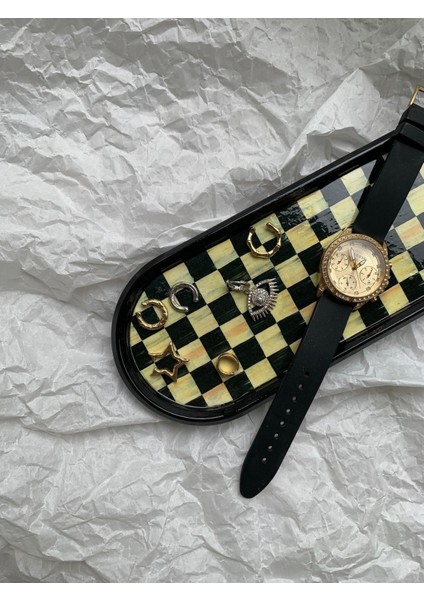 Damalı Dekoratif Tepsi Oval Sunumluk Mumluk Altlık Tezgah Üstü Tepsi 24 x 9,5 cm