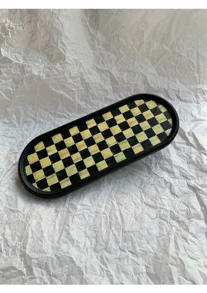Damalı Dekoratif Tepsi Oval Sunumluk Mumluk Altlık Tezgah Üstü Tepsi 24 x 9,5 cm