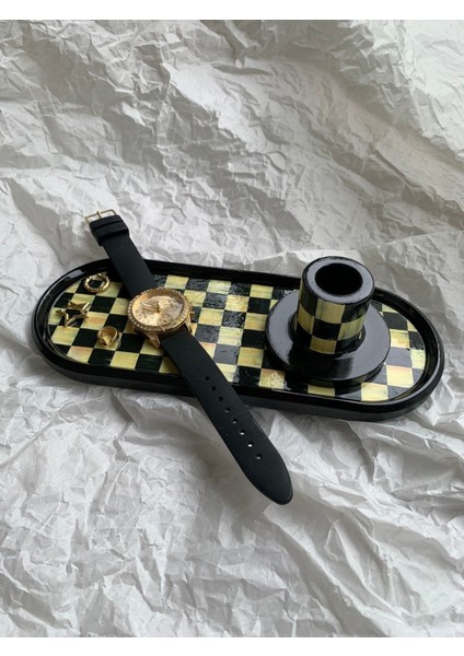 Damalı Dekoratif Tepsi Oval Sunumluk Mumluk Altlık Tezgah Üstü Tepsi 24 x 9,5 cm
