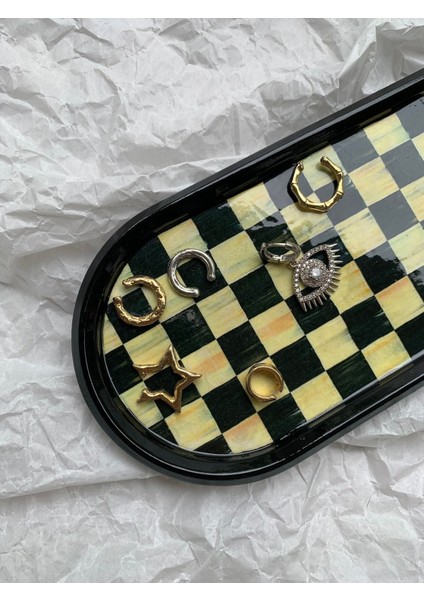 Damalı Dekoratif Tepsi Oval Sunumluk Mumluk Altlık Tezgah Üstü Tepsi 24 x 9,5 cm