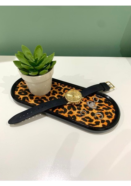 Leoparlı Dekoratif Tepsi Oval Sunumluk Mumluk Altlık Tezgah Üstül Tepsi 24 x 9,5 cm