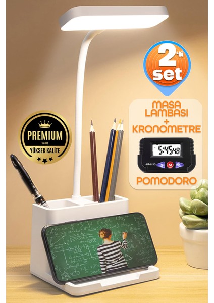2li Set Şarjlı Masa Lambası + Kronometreli Öğrenci Saati Renk Ayarlı Ders Çalışma Okuma Lambası Q108