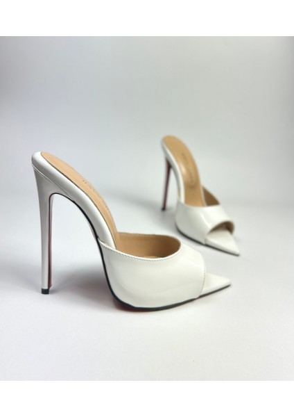 Hayyshoes Beyaz Rugan Deri Astarlı Kaplama Topuk Aynalı Jürdan Topuklu Terlik