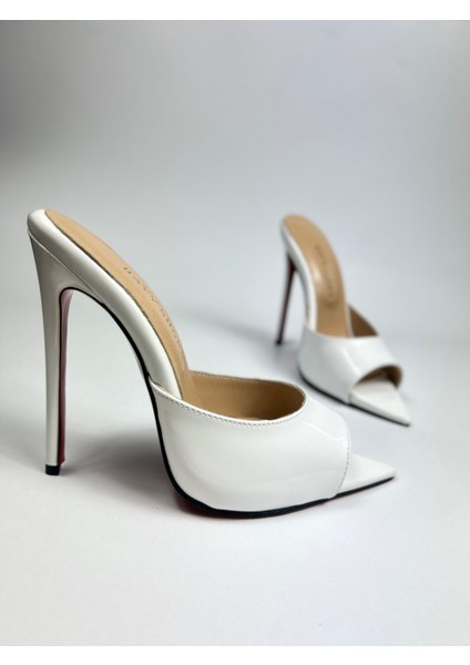 Hayyshoes Beyaz Rugan Deri Astarlı Kaplama Topuk Aynalı Jürdan Topuklu Terlik modelleri