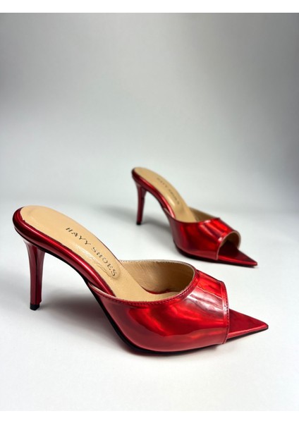 Hayyshoes Kırmızı Aynalı Rugan Deri Astarlı Kaplama Topuk Aynalı Jürdan Topuklu Terlik fırsatları