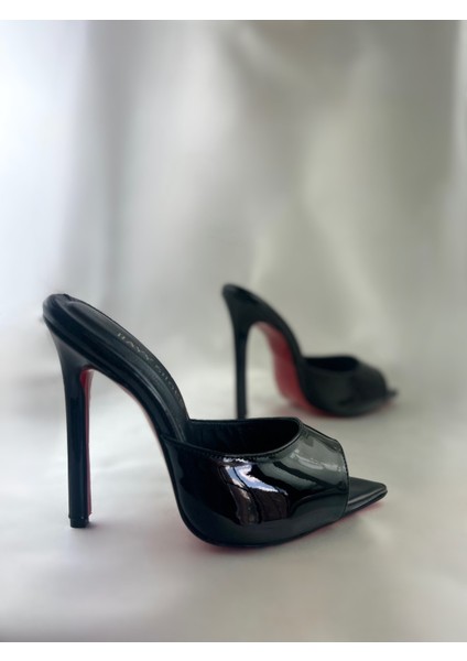 Hayyshoes Siyah Rugan Deri Astarlı Kaplama Topuk Aynalı Jürdan Topuklu Terlik