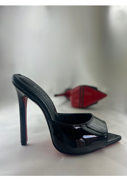 Hayyshoes Siyah Rugan Deri Astarlı Kaplama Topuk Aynalı Jürdan Topuklu Terlik