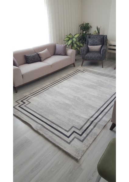 Telve Gri Halı Krem Halı Bambu Tarz Modern Akrilik Dokuma Halı Çerçeveli Desenli Salon Halısı Oturma Odası Koridor Halısı